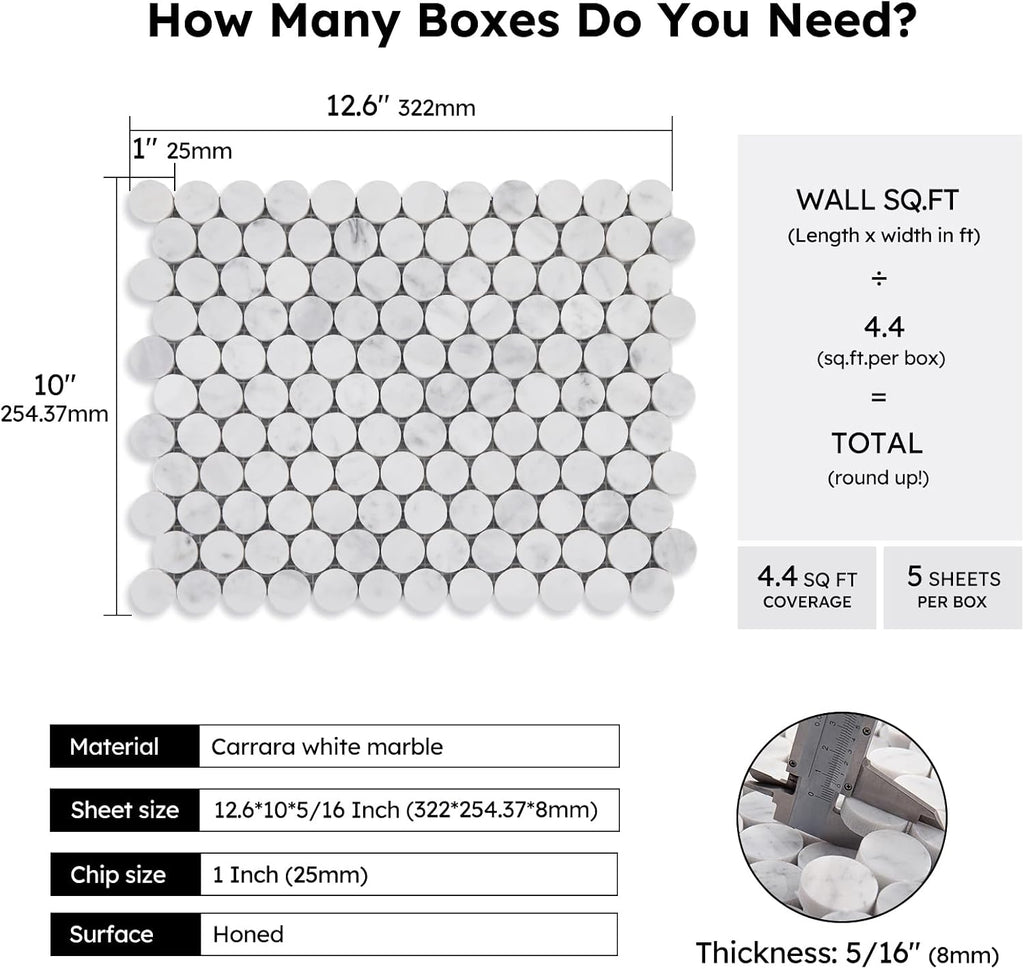 Carrara White Marble Mosaic Tile,1 Inch Penny Round, Honed, 5 Sheets | Natural Bianco Carrera, Marble Stone