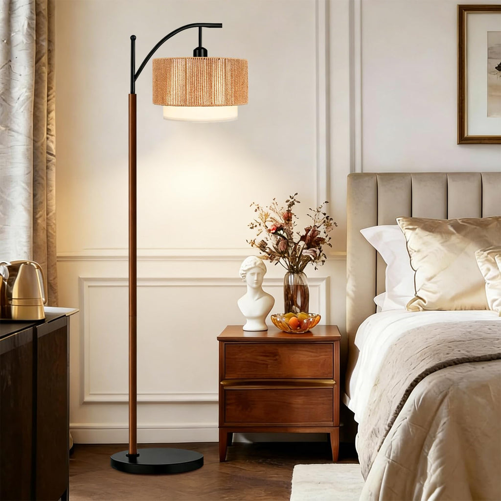Arc Black Floor Lamp Bedroom with Remote, Rattan Boho Floor Lamps with 3 Color Temperatures, Rustic Standing Lamp with