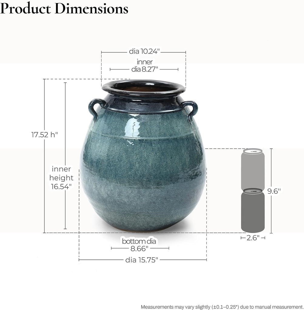 LuxenHome Large Rustic Floor Vase, 17.5'' Tall Ocean Blue Round Ceramic Vases for centerpieces, Farmhouse Flower Vase