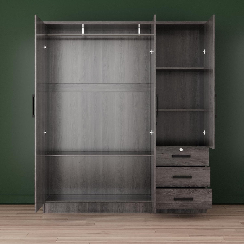 Violet Wardrobe Mirrored Door Closet 3 Doors and 3 Drawers (Grey)