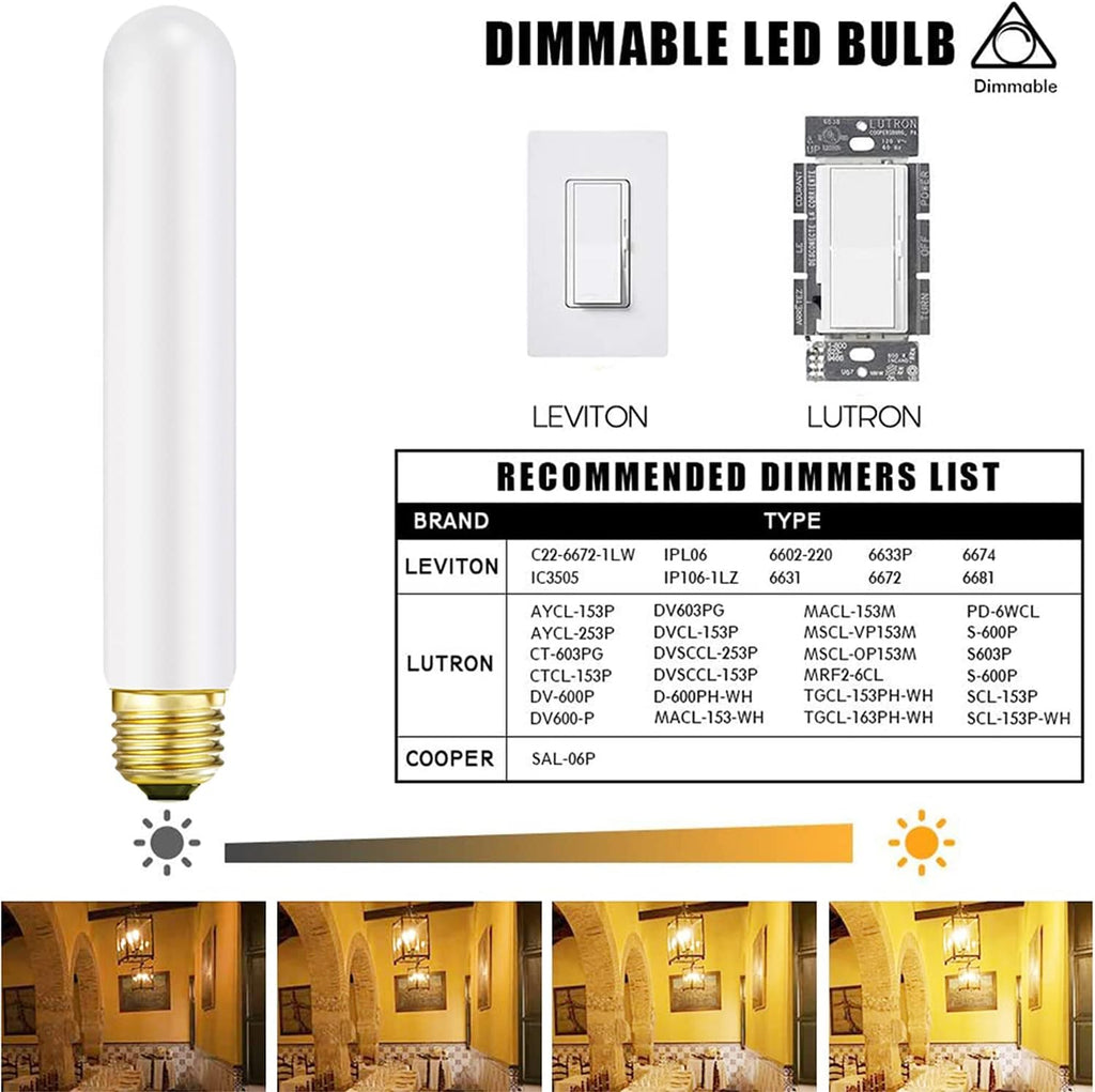 T10 LED Light Bulb 7.3inch E26 Base Matt Opal Porcelain Warm White 2700K Dimmable Edison 6W Led Tubular Bulb,600LM,60