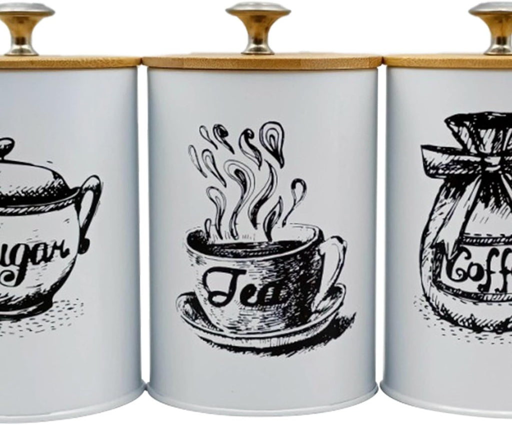 3-Piece Kitchen Canister Set for Coffee Tea Sugar, Iron and Bamboo Countertop Storage Jars with Dustproof Lids - Set of 3