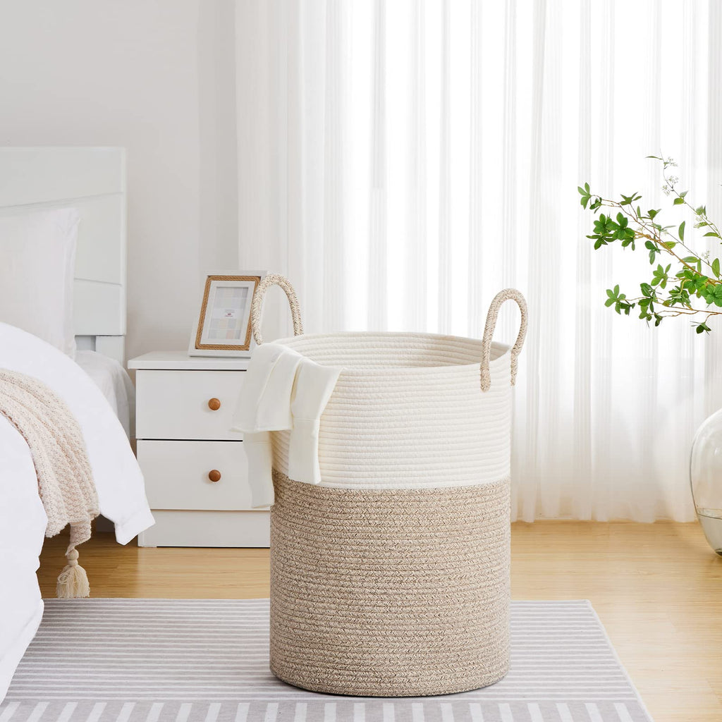 100L Extra Large Woven Laundry Basket Hamper, White Brown