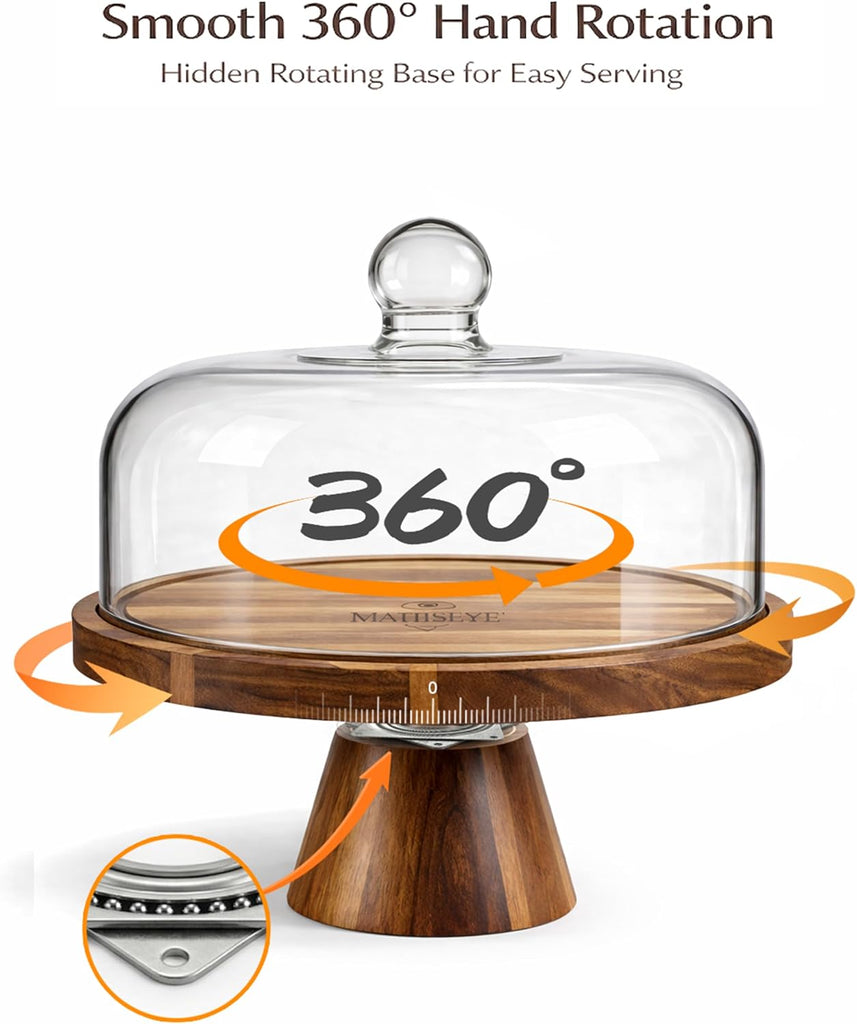 Glass Cake Stand with Lid, 11.8 Inch Dome, Rotating Acacia Wood Base