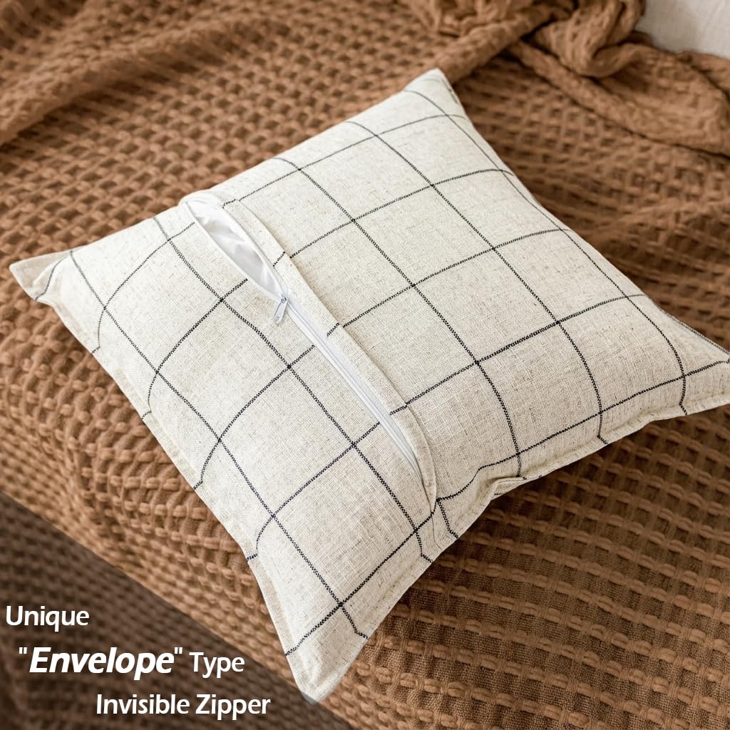 Cream White Plaid Minimalist Linen Decorative Pillow Covers 20x20 Set of 2