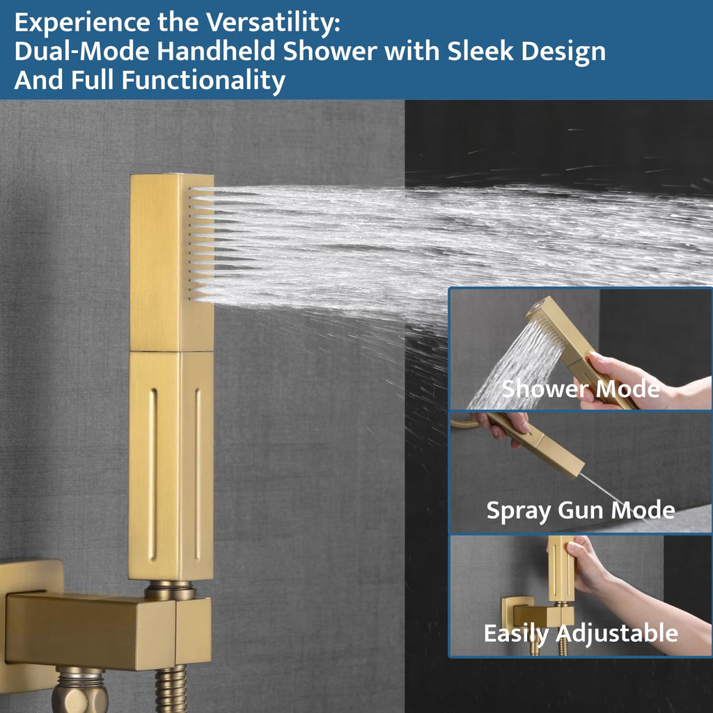 Thermostatic Shower System Brushed Gold, Push Button Diverter Shower Faucet with 2 in 1 Handheld, Ceiling Mount 12