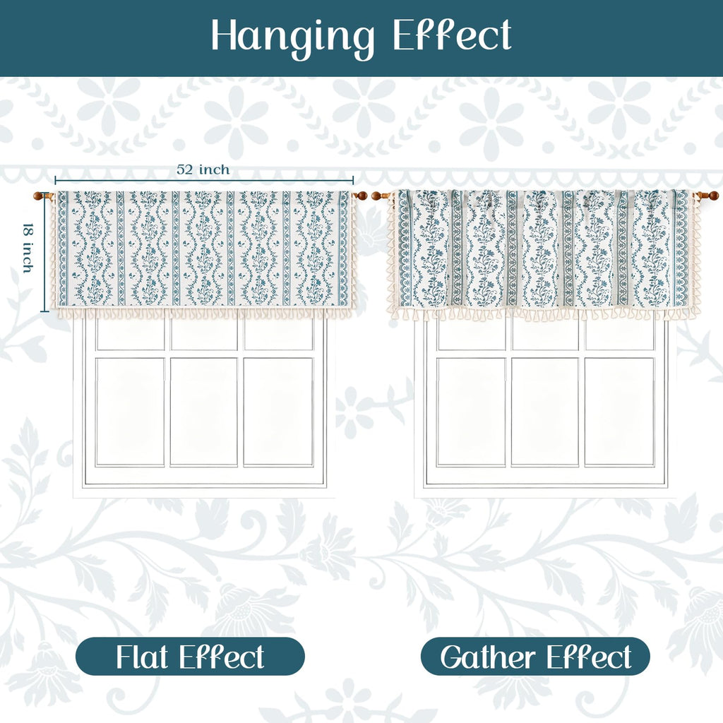 2 Pack Boho Valance Curtains Vintage Linen Kitchen Valances for Windows Light Filtering Bohemian Floral Valance Rod