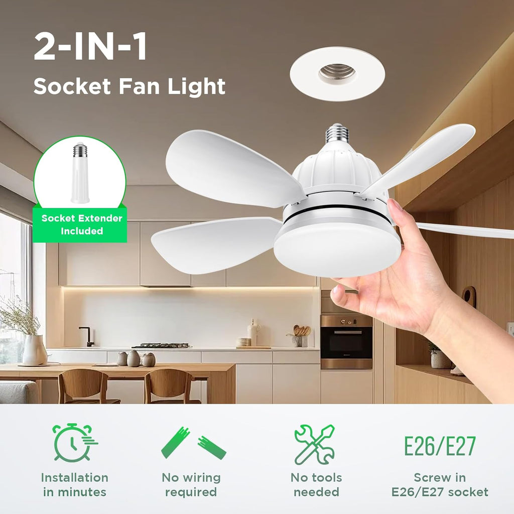 Socket Fan Light with Remote: 18'' Small Ceiling Fans with Lights, 2000 Lumens Dimmable Led Bulb, 3 Colors 3000K-6500K, Easy Install Screw in E26 Base for Bedroom Living Room Kitchen Garage A101-B0DM17J82H
