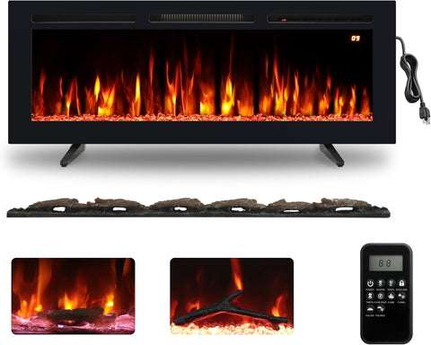 48" Electric Fireplace, Recessed, Wall Mounted and Freestanding Fireplace Heater, Adjustable Flame Color