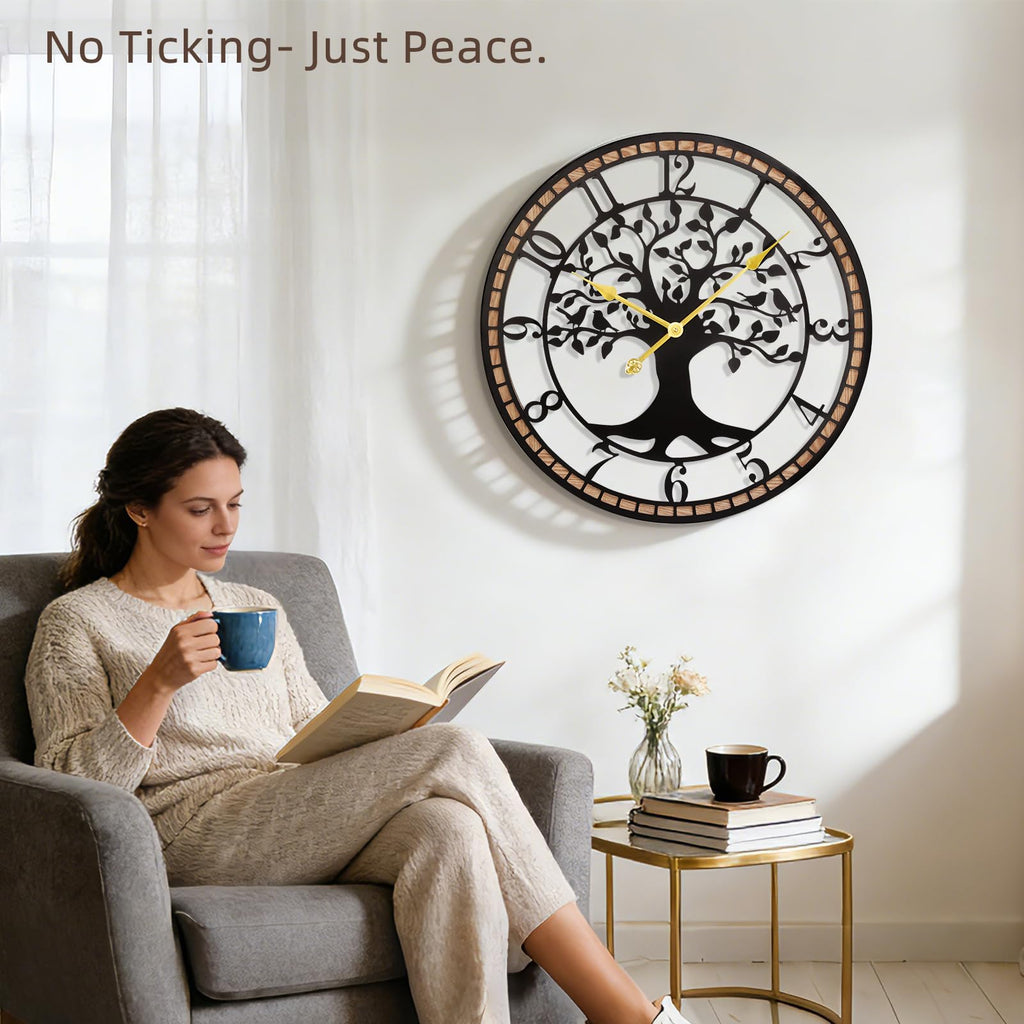 24" Farmhouse Bird Branch Wall Clock with Metal Tree Design