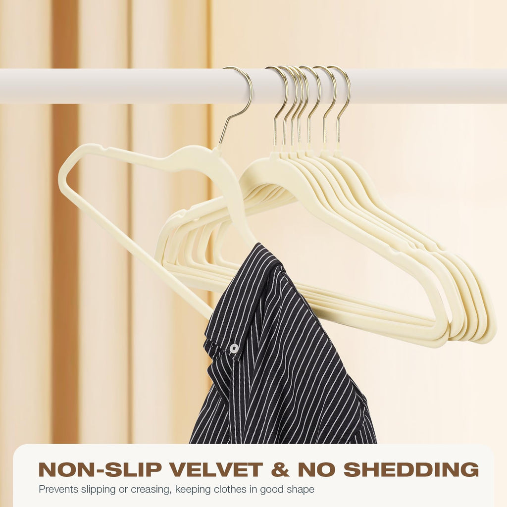 50 Pack Beige Velvet Hangers, Non Slip, Heavy-Duty, Slim, Space Saving, with Felt Surface and Gold 360°Swivel Hook, for