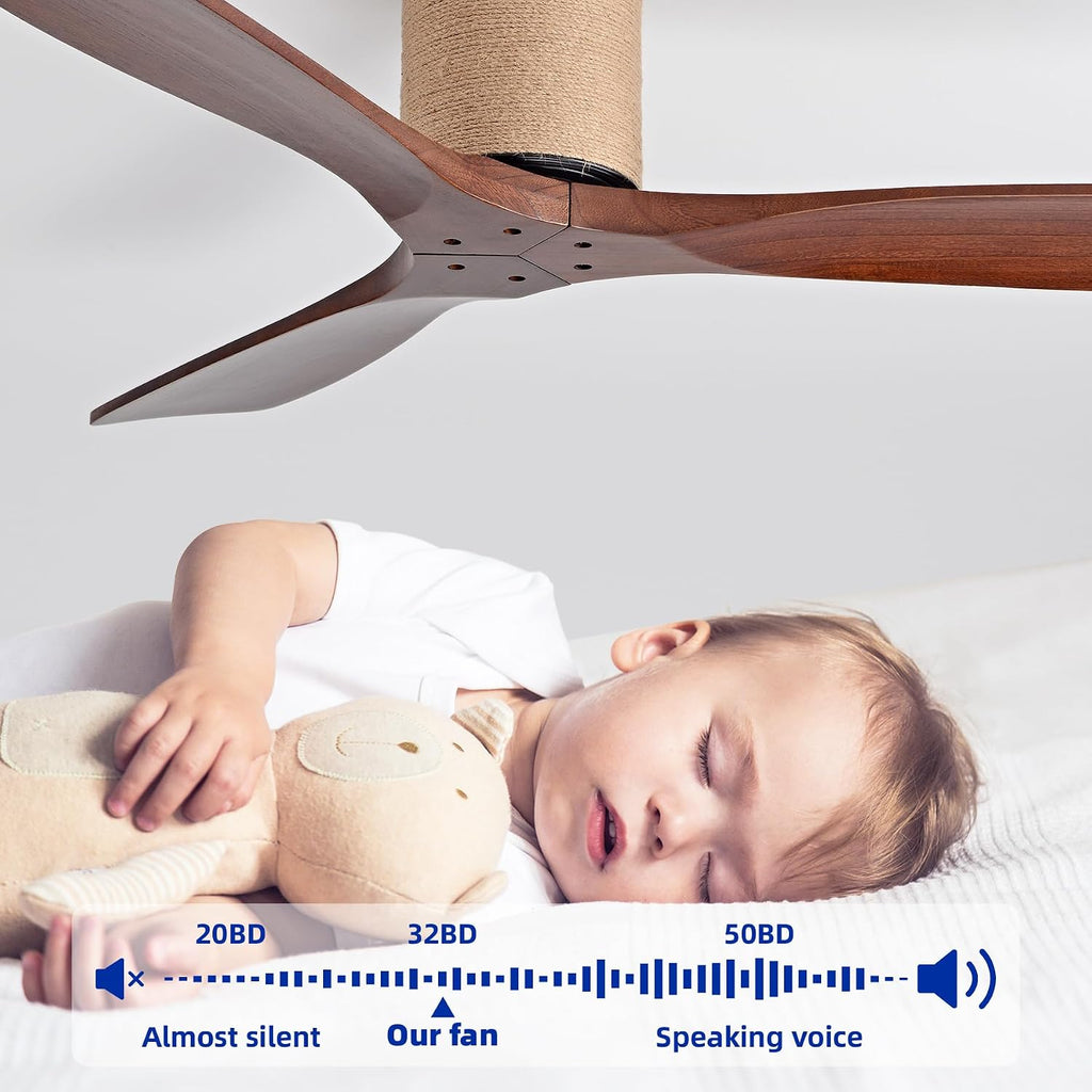 52" Low Profile Ceiling Fan No Light, Boho Farmhouse Flush Mount Ceiling Fan with Remote, Solid Wood Blades