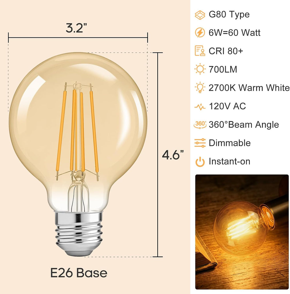 G80 Dimmable Led Light Edison Bulbs 60 Watt Equivalent