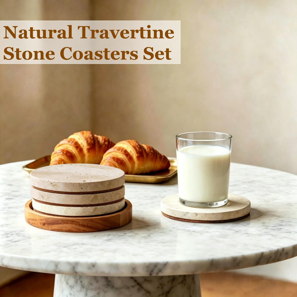 4" Round Natural Travertine Marble Coasters with Cork Backing, Stone Drink Coasters Set of 4, Wedding, Housewarming