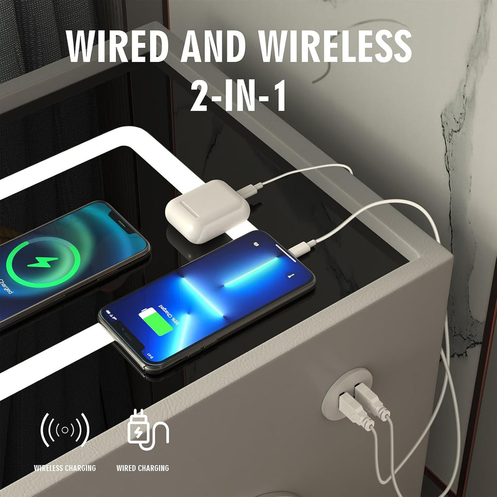 Smart Nightstand with Fingerprint Lock Drawer, Nightstand with Wireless Charging, Night Stand with 2 Drawers, 2 USB