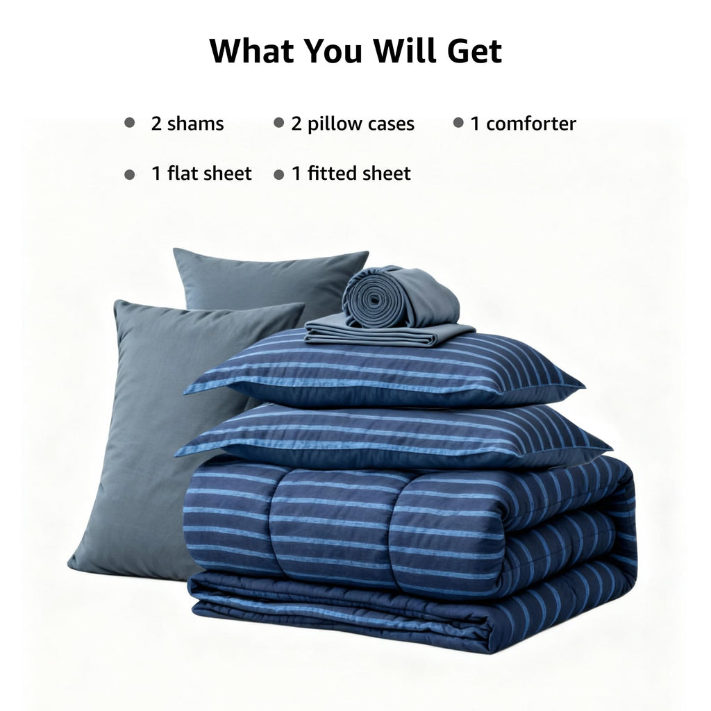 Comforter Set - 7 Pieces Bed in a Bag, Navy Blue-Stripe Bedding Sets, All Seasons Comforter Bed Set