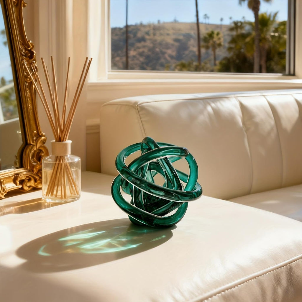 Glass Knot Teal Decor Ball - 5 Inch Hand Blown Infinity Sculpture Orbit Home Decor Table Decoration Interio Art