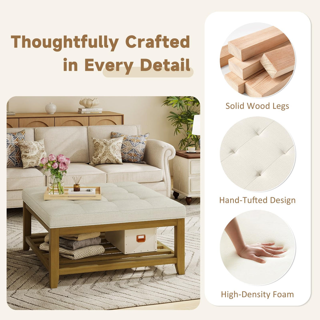 Ottoman With Storage Bench, Linen Ottoman Coffee Table, Ivory