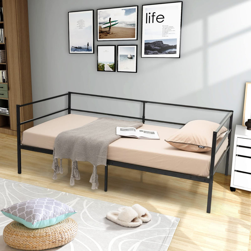 Metal Twin Daybed Frame, Day Bed with Metal Slat Support & 3-Sided Guardrails, 2-in-1 Space-Saving Sofa Bed Guest
