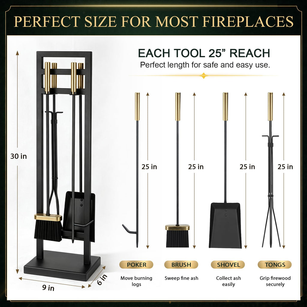 5-Piece Fireplace Tool Set, 30" One-Piece Stand, Antique Brass
