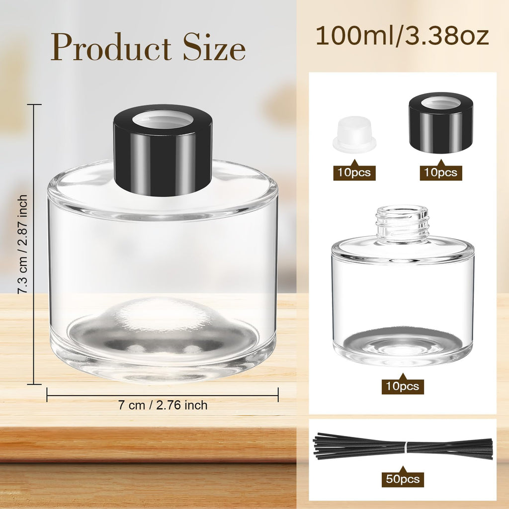 10 Set Reed Diffuser Bottles, 100ml Glass Jars with Stick, Clear