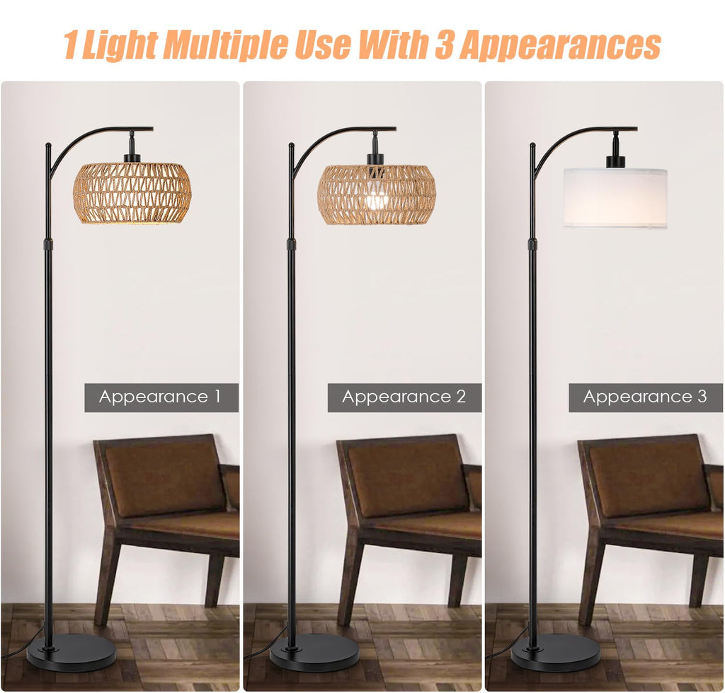 Arc Floor Lamp with Remote Control, Boho Farmhouse Standing Lamp with Stepless Dimmable Bulb and Fabric & Rattan