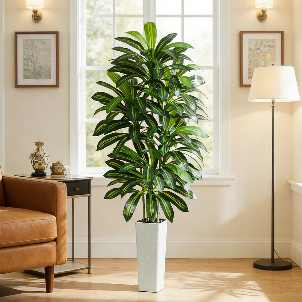 Artificial Dracaena Tree 7FT / White Planter, Tall Plants Indoor