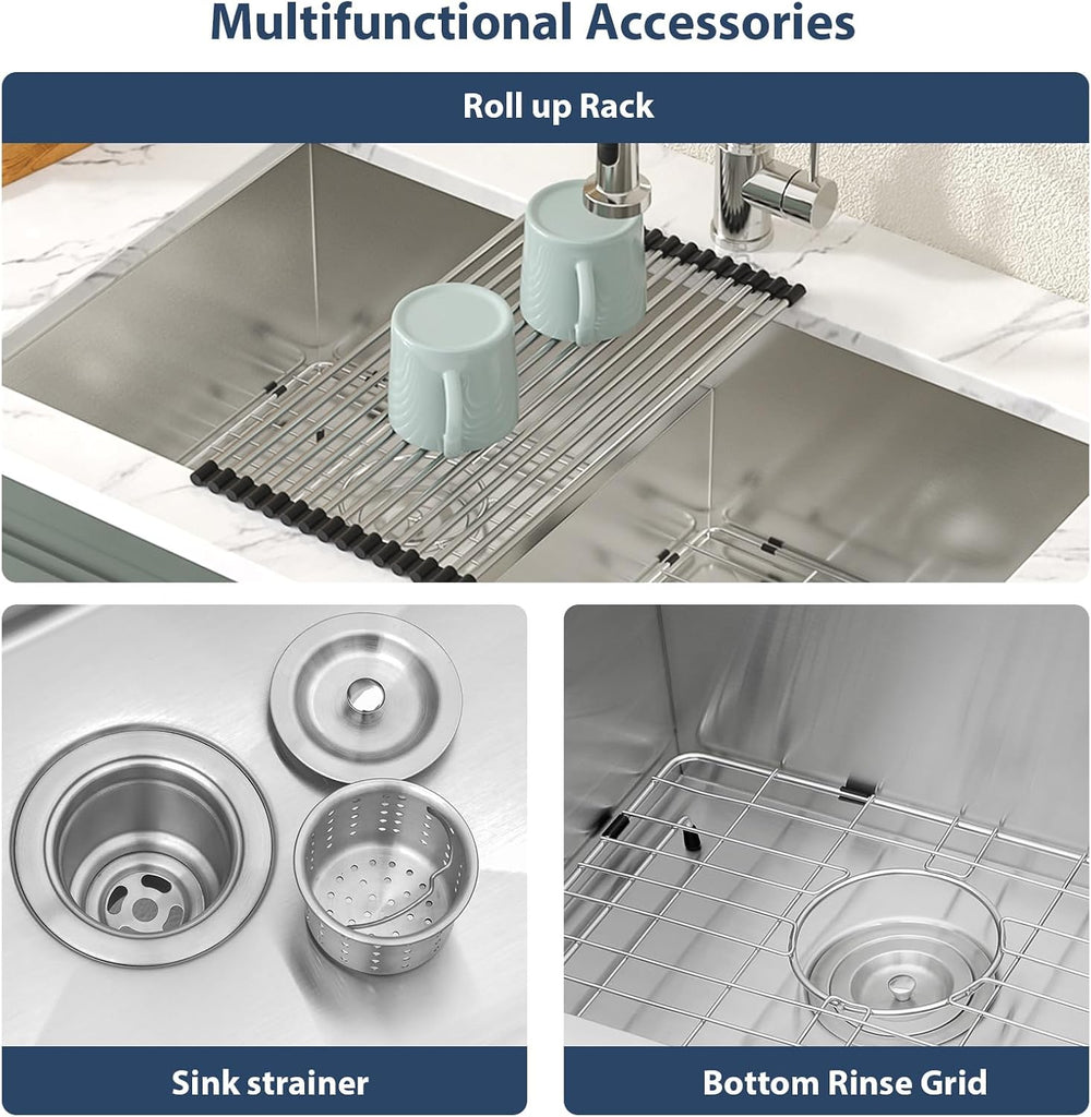32 Inch Undermount Double Bowl Kitchen Sink 16 Gauge Stainless Steel with Smart Low Divider 32x19 Inch Double Bas