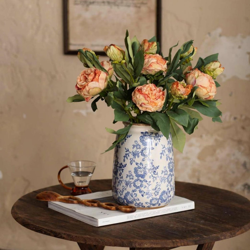 Vintage Blue and White Chinoiserie Ceramic Vase, 6.9" Hand-Painted Peony Floral Design, Antique Style Vases