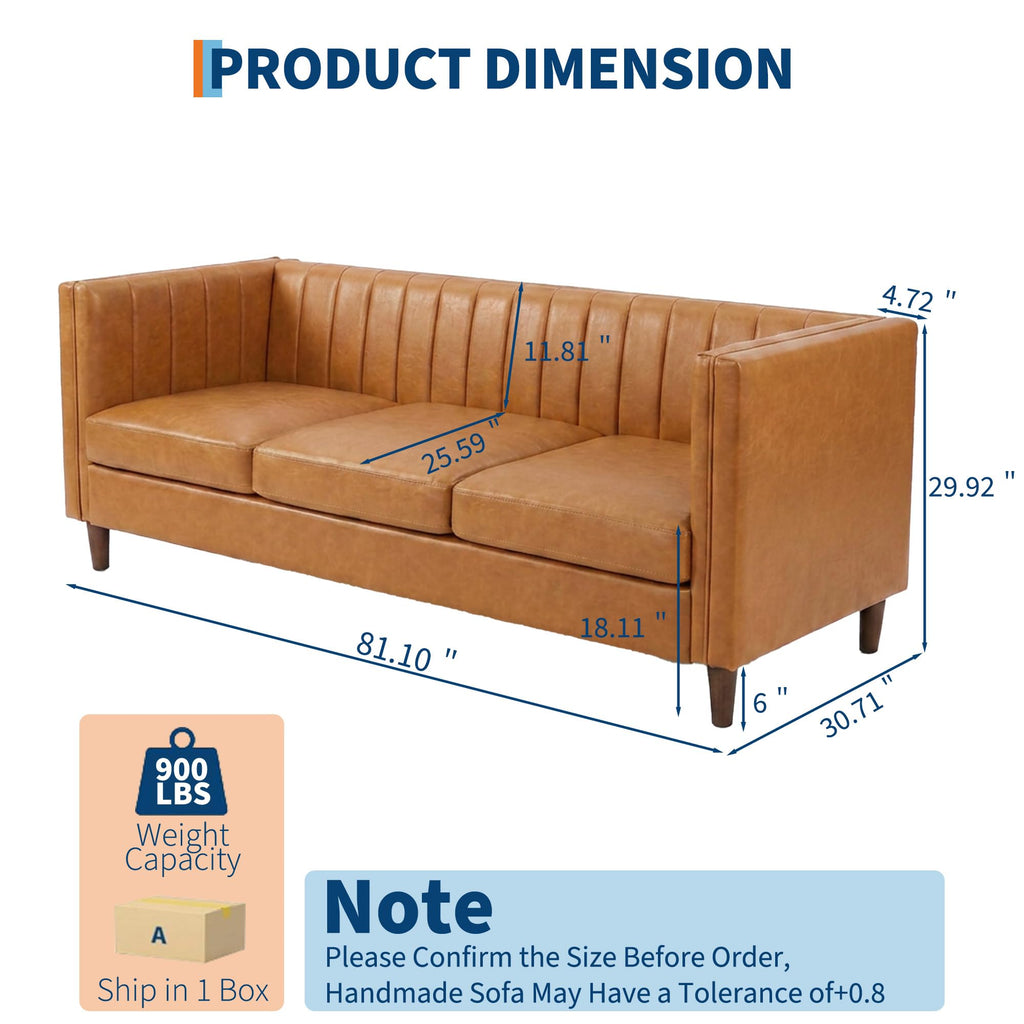 81" PU Leather Sofa, 3-Seater Couch, Cognac Tan