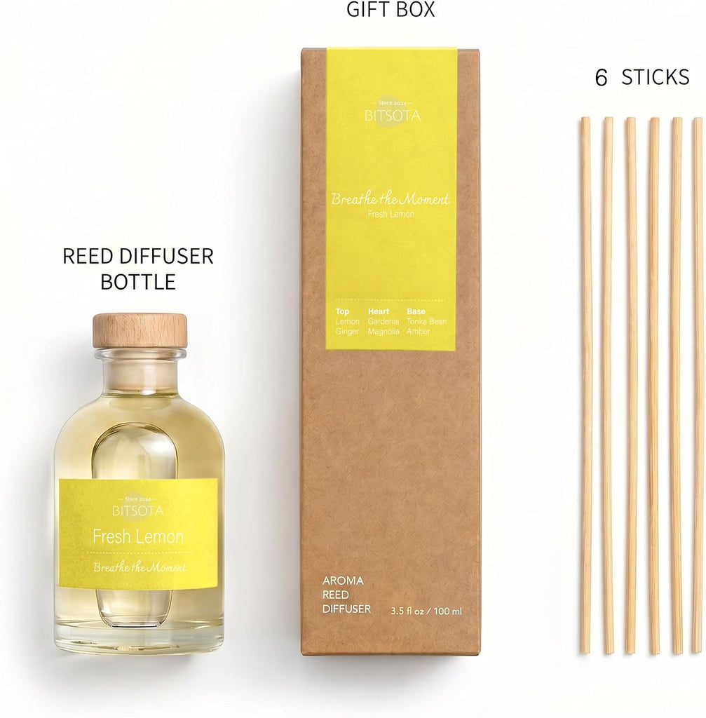 Natural Reed Diffuser Set, Fresh Lemon 3.52 oz (100ml) Scented Diffuser with Sticks Home Fragrance Reed Diffuser