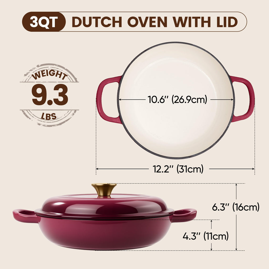 Vintage Style 3 Quart Enameled Cast Iron Braiser, Non Stick Enameled Cast Iron Skillet with Lid, Dutch Oven Skillet