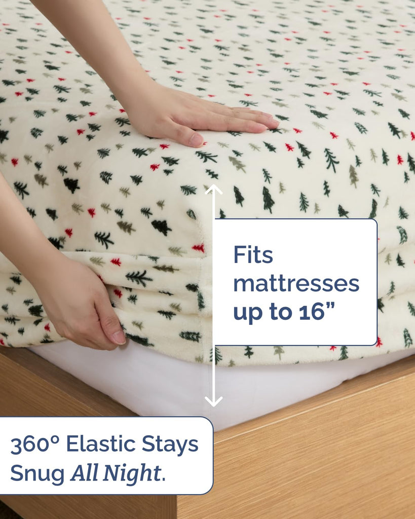 Fleece Sheets King Size Set - 4-Piece Velvet Flannel Sheet Set - Trees