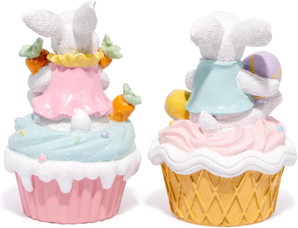 Easter Bunny Cupcake Figurines with Carrots and Eggs - Cute Spring Tabletop Decor for Easter Celebration, Decorations - Set of 2
