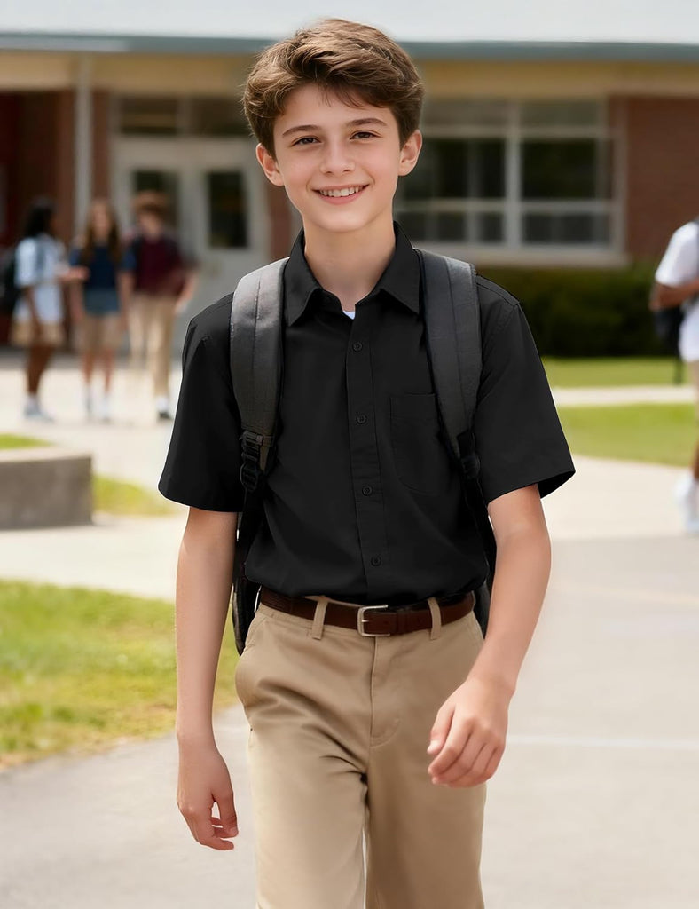 Boys Button Down Dress Shirts Short Sleeve Uniform Oxford Shirt
