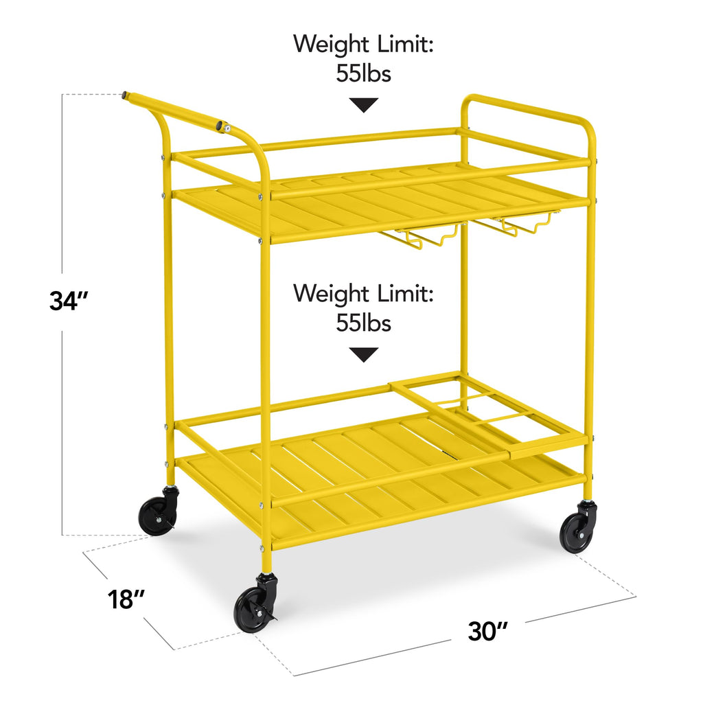 Rolling Bar Cart, Mobile Home Bar Serving Cart, Serving Station w/ 2 Tier Shelves, Wine Rack, Lockable Wheels - Yellow