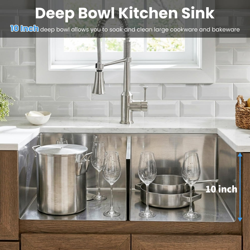 32 Inch Double Bowl Kitchen Sinks with Quick Drain Slope - 11 Gauge (3mm) 304 Stainless Steel Undermount Kitchen Sink