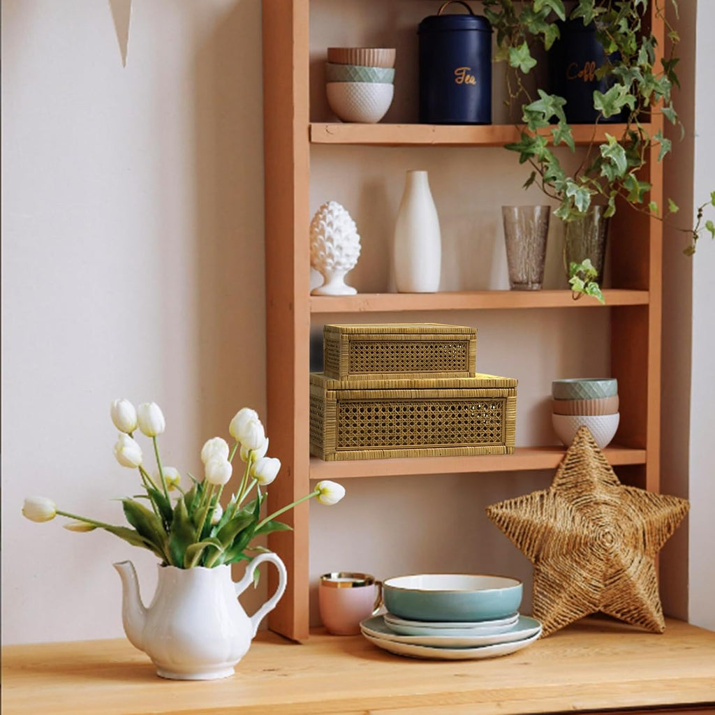 Rattan Display Box Decor with Lid - Rectangular Coastal Bohemian Style Stackable Decorative Storage Box Set