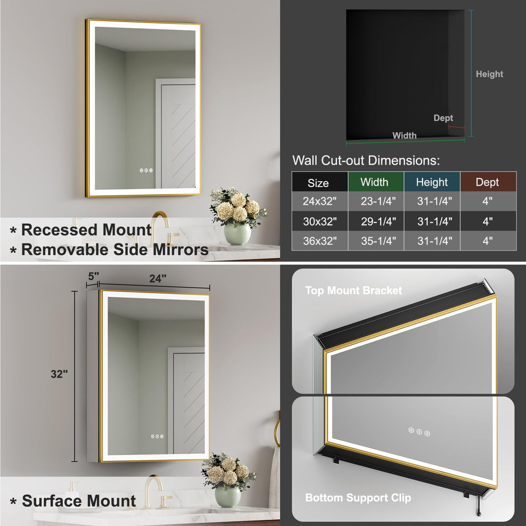 24x32 Premium Gold Framed Medicine Cabinet with Lights, 3-Color/Dimmable, Anti-Fog, Aluminum, Plug-in & Hardwired