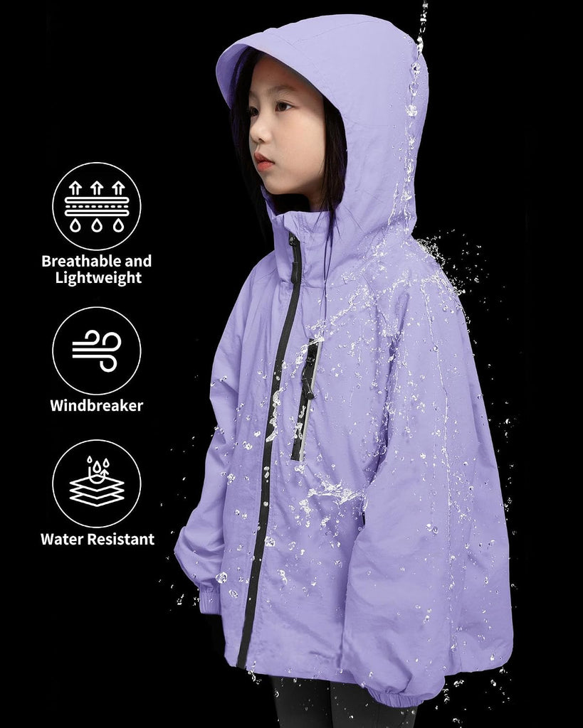 Girls Rain Jacket Lightweight Waterproof Hooded Kids Raincoat