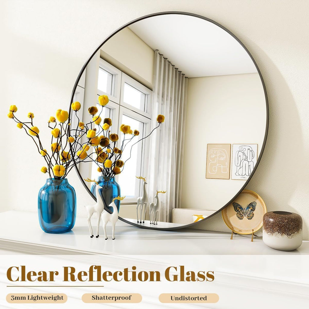 Large Black Round Bathroom Mirror 48" with Thin Metal Frame