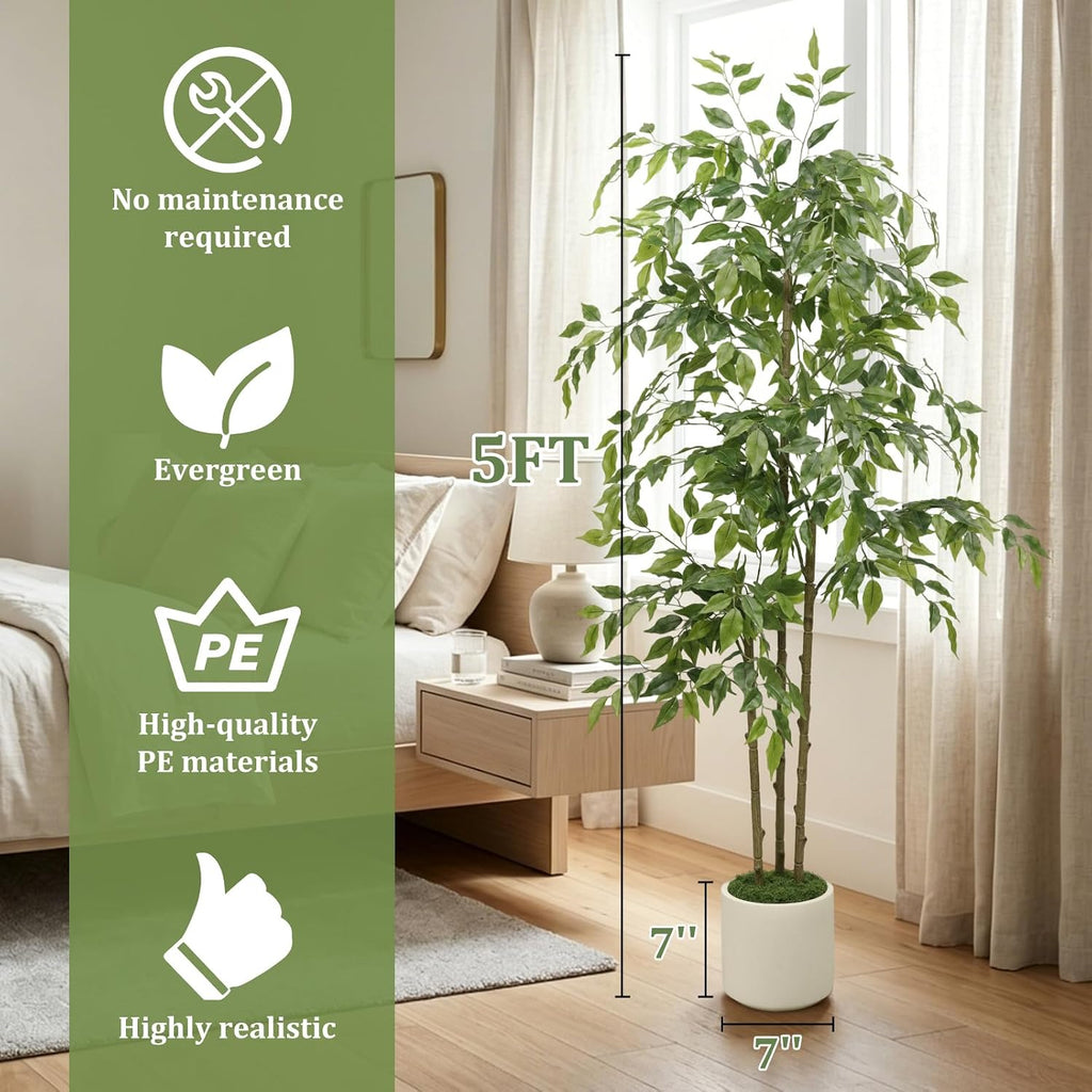 5ft Artificial Ficus Tree with Triple Trunk & White Planter Faux Ficus Tree
