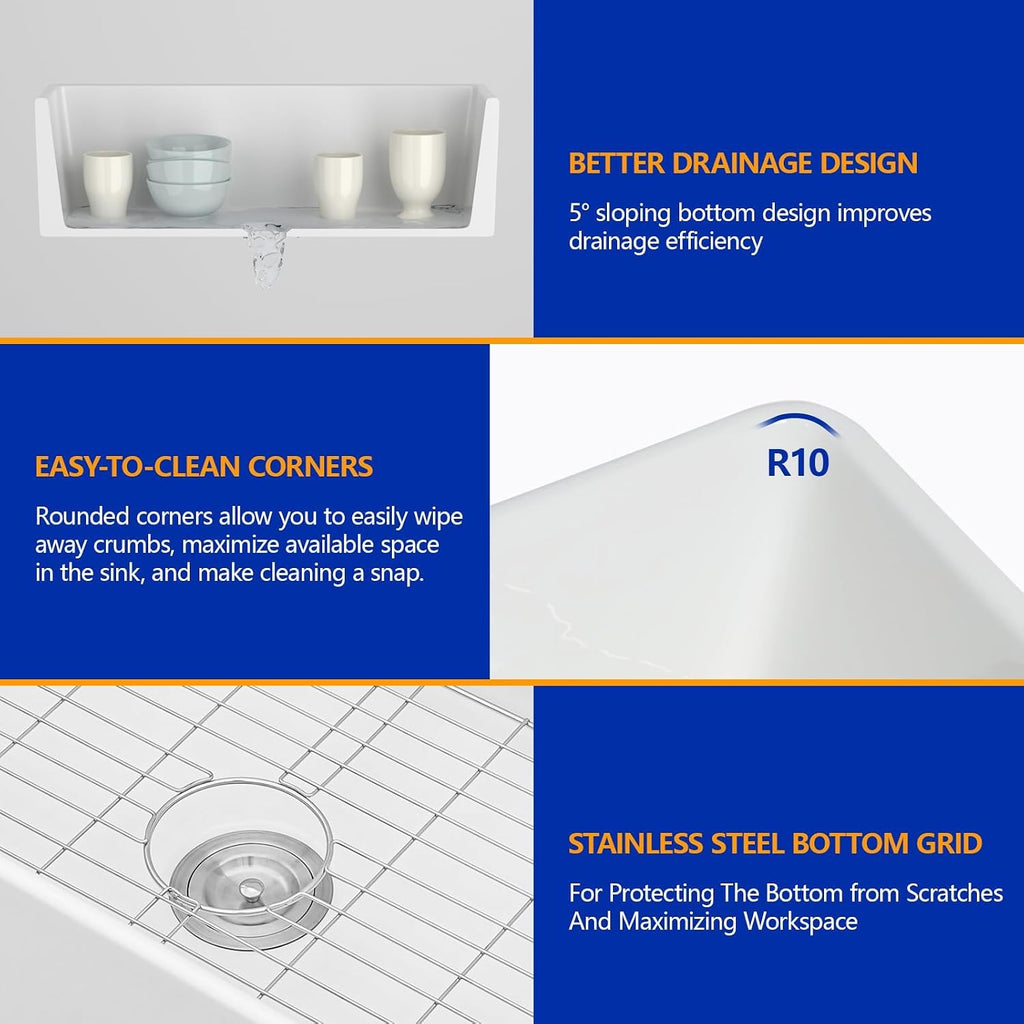 33 Inch Curved Farmhouse Sink, White Fireclay Apron Front Sink, Single Bowl Ceramic Farm Kitchen Sink with Smooth Arc