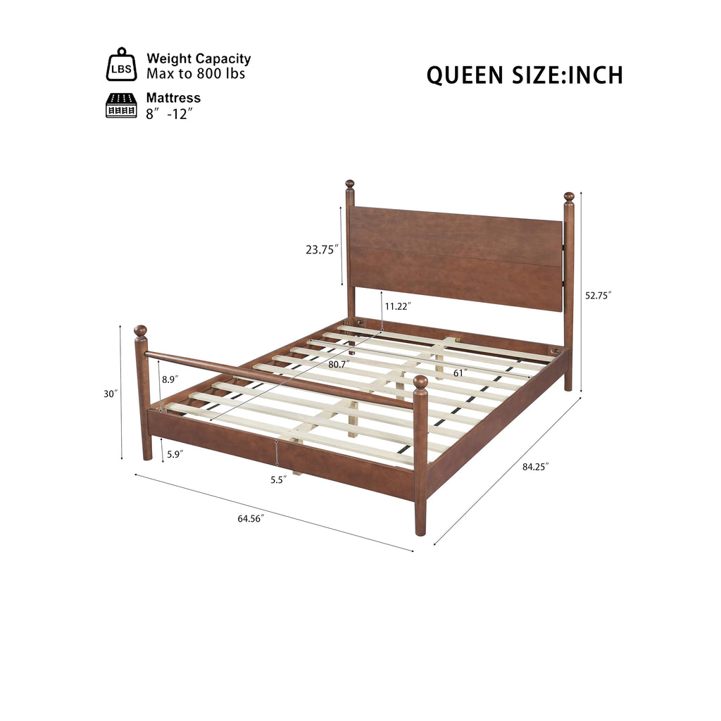 Solid Wood Platform Bed Frame with Spindle Headboard, Walnut