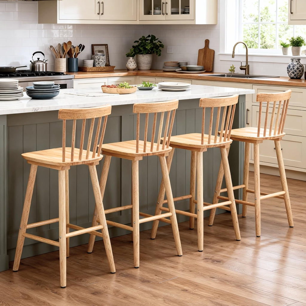 26" Windsor Counter Height Bar Stools Set of 4, Farmhouse Wooden Counter Stools with Spindle Back, Modern Rustic