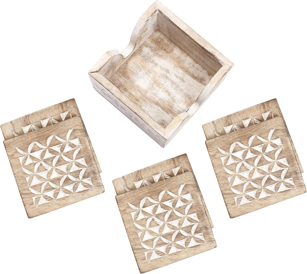 Wooden Coasters with Holder Stand | Whitewash Distressed Wooden Drink Coasters for Coffee, Tea & Wine - Set of 6