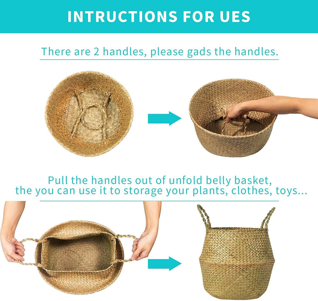 Seagrass Belly Basket, Set of 2 Woven Plant Pot Holder Handmade Home Decor for Storage Plants Picnic Grocery