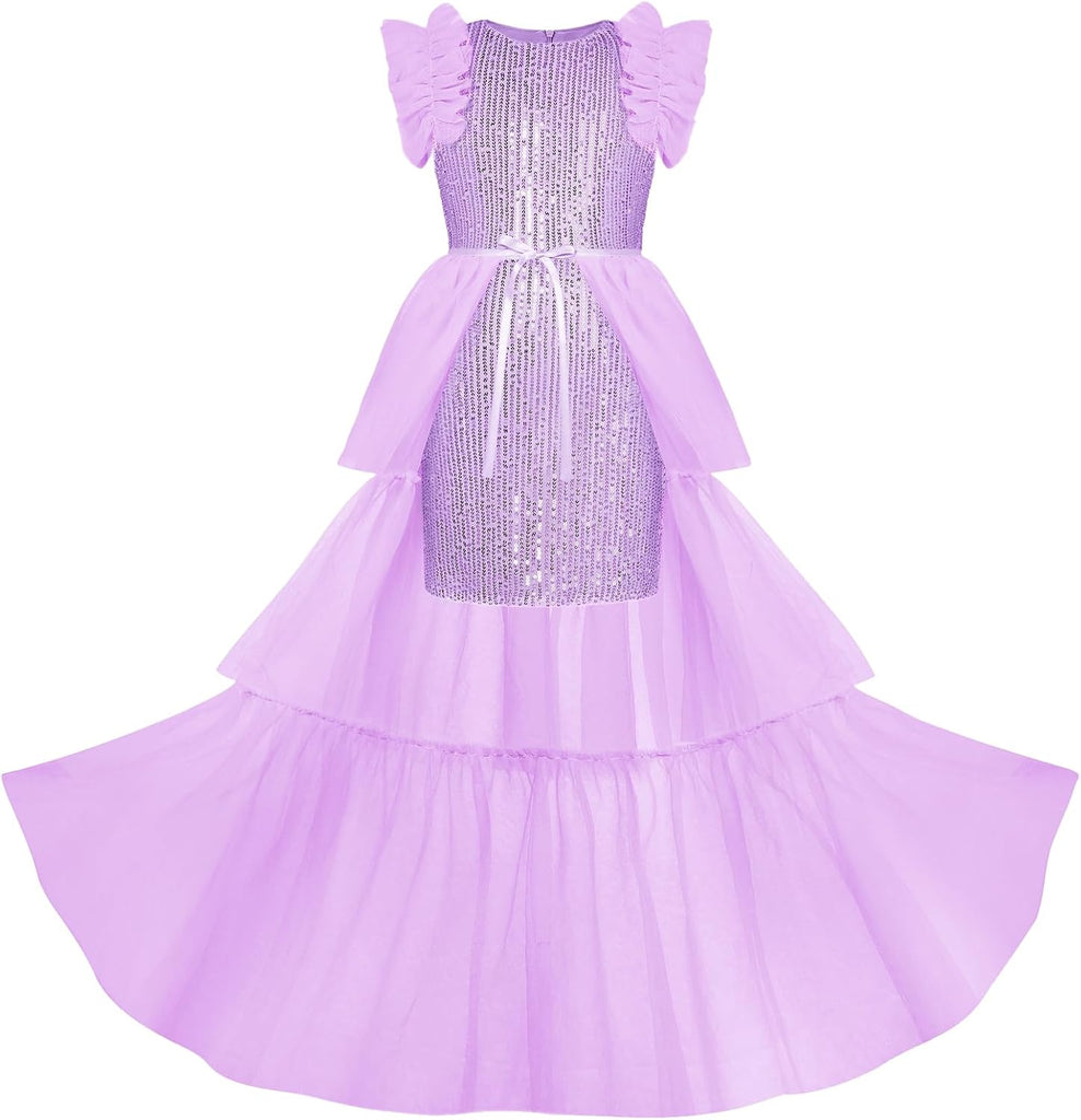 Girls Sequin Formal Pageant Fancy Party Ruffle Prom Maxi Dress