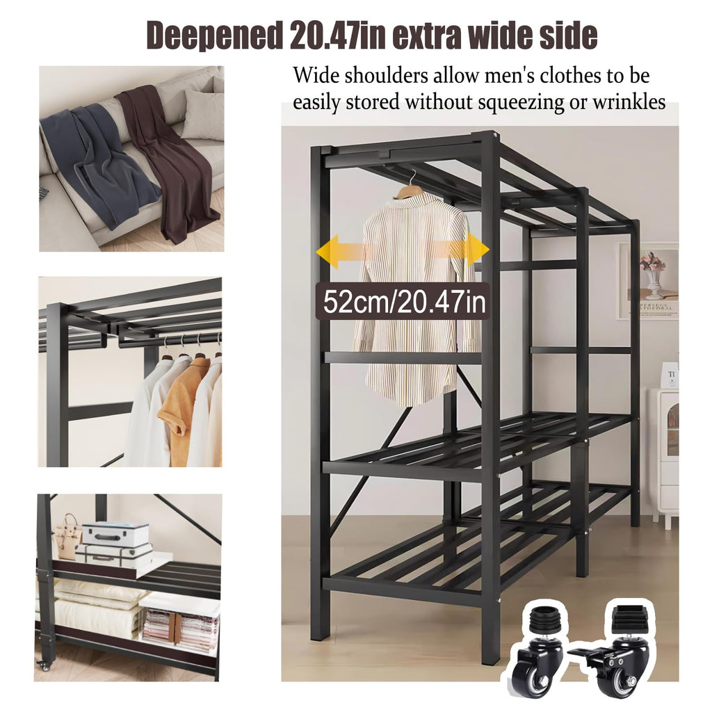 Heavy Duty Clothes Rack with Cover, Foldable Portable Wardrobe Closet with Drawers, Rolling Black Metal Garment Rack