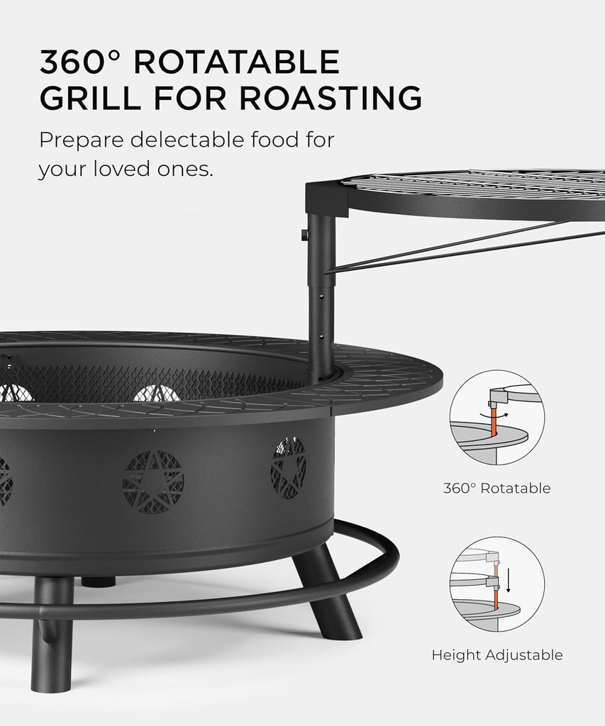 43 Inch Fire Pit with BBQ Grill, Wood Burning Fire Pits for Outside with Lid & Poker, Extra Large Heavy Duty Firepits